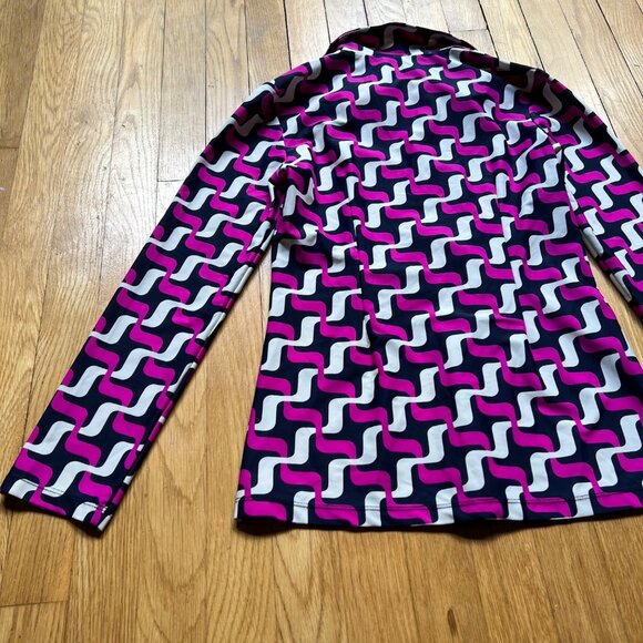 Jude Connally Size S Pink Navy Blue Geometric Print Long Sleeve Polo Shirt Top - Picture 4 of 10